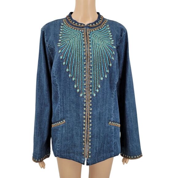 Chico's Denim Jacket with Turquoise and Bronze Color Beading Western Boho - Picture 1 of 12